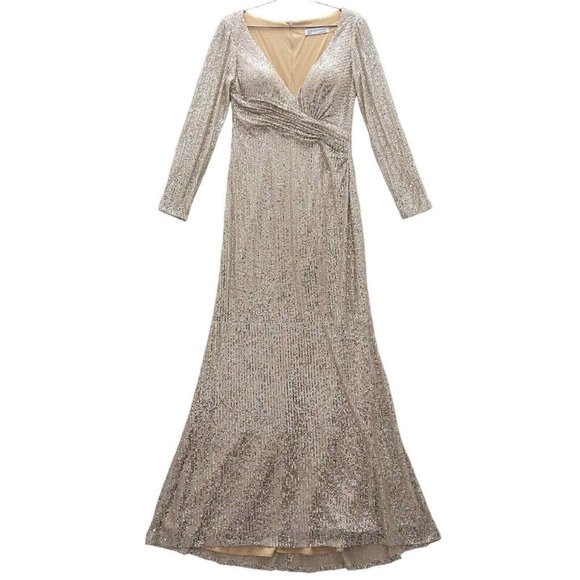 MAC DUGGAL IEENA Sequined Faux Wrap Long Sleeve Gown Size 8 NWT Nude Silver 0064 - Picture 5 of 16